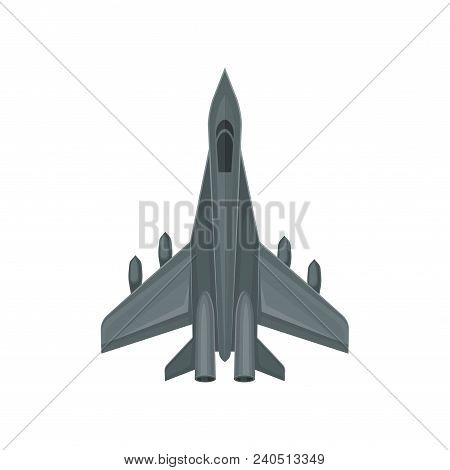 Icon Of Fast Military Aircraft. Air Force Fighter. Gray Jet With Powerful Engines. Graphic Element F