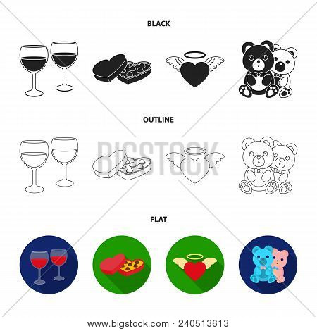 Glasses With Wine, Chocolate Hearts, Bears, Valentine.romantik Set Collection Icons In Black, Flat, 