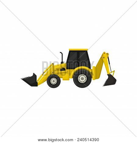 Colorful Icon Of Backhoe-loader. Yellow Tractor With Two Buckets. Heavy Digging Machine. Type Of Exc