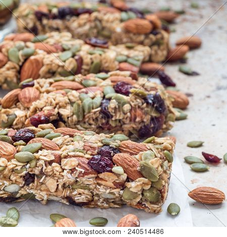 Homemade Granola Energy Bars With Figs, Oatmeal, Almond, Dry Cranberry And Pumpkin Seeds, Healthy Sn