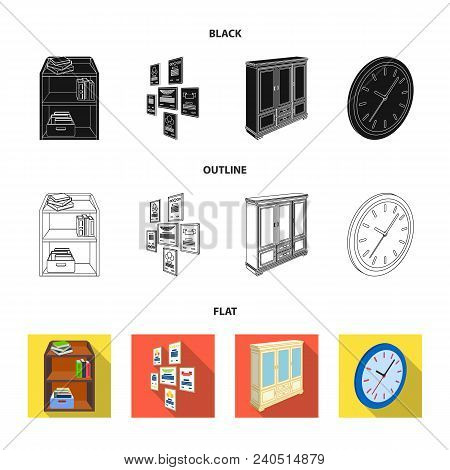 Cabinet, Shelving With Books And Documents, Frames On The Wall, Round Clocks. Office Interior Set Co