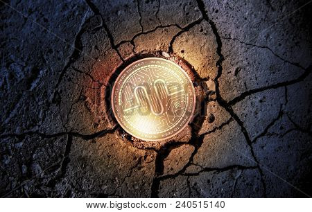 Shiny Golden Authorship Cryptocurrency Coin On Dry Earth Dessert Background Mining Crash Photo Compo
