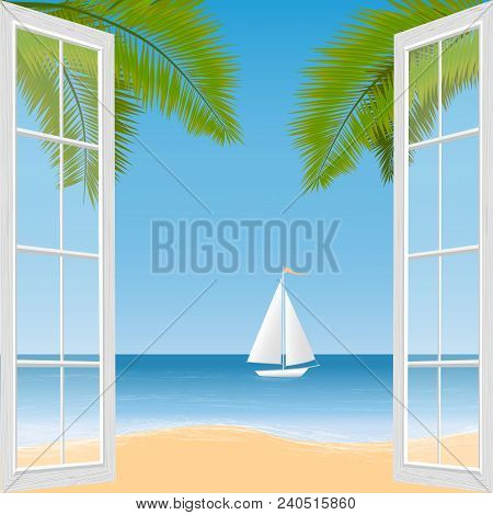 Vector Illustration Of Tropical Beach, Palm Trees And Ship