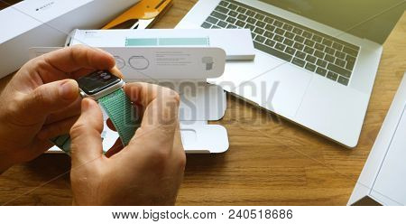 Paris, France - Apr 24, 2018: New Apple Watch Series 3 Smartwatch Change Strap To The New 42mm Marin