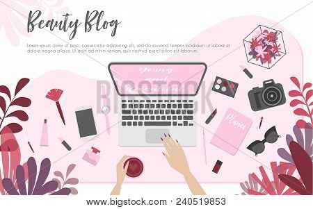 Workplace Of Beauty Blogger, View From Above, Desktop, Laptop, Camera, Cosmetics And Flowers