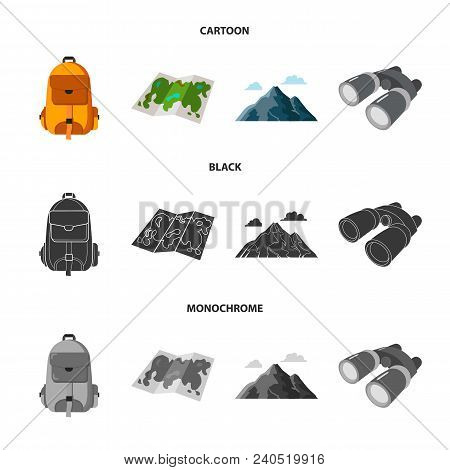 Backpack, Mountains, Map Of The Area, Binoculars. Camping Set Collection Icons In Cartoon, Black, Mo