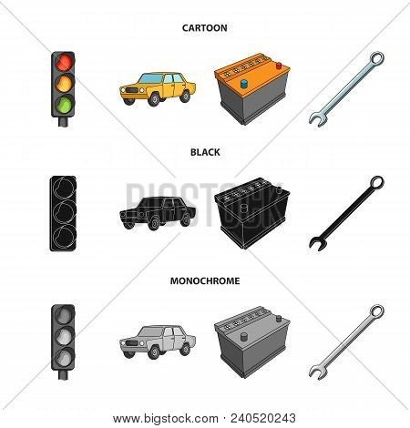 Traffic Light, Old Car, Battery, Wrench, Car Set Collection Icons In Cartoon, Black, Monochrome Styl