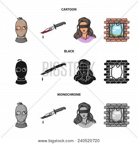 A Thief In A Mask, A Bloody Knife, A Hostage, An Escape From Prison.crime Set Collection Icons In Ca