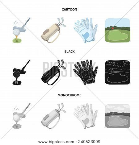 A Ball With A Golf Club, A Bag With Sticks, Gloves, A Golf Course.golf Club Set Collection Icons In 