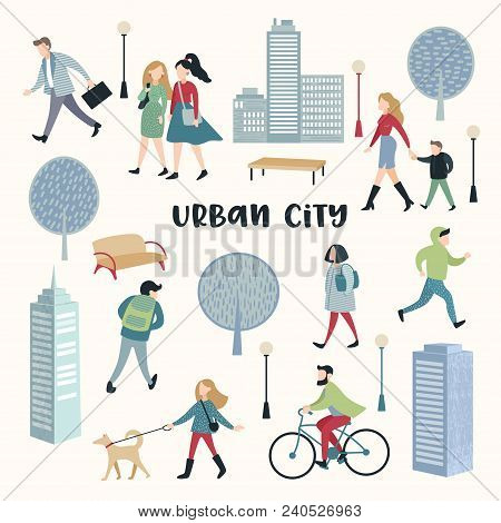 People Walking On The Street. Urban City Architecture. Characters Set With Family, Children, Runner 