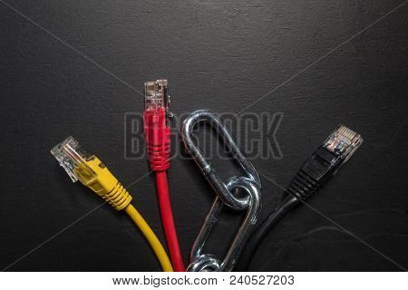 Blockchain, Internet And Ico Technology. Internet Cables And Chain Blocks With Space For Text.