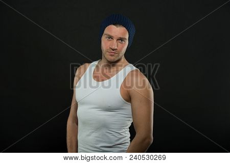 Man With Muscular Arms And Tight T Shirt. Macho On Confident Face With Strong Muscles Look Brutal, B