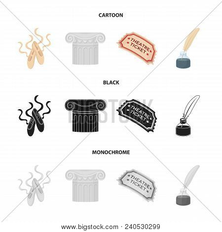 Pointe Shoes, Column, Theater Ticket, Inkwell With Feather. Theater Set Collection Icons In Cartoon,