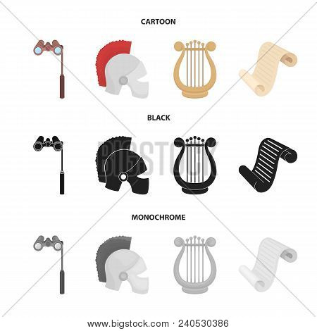 Theatrical Binoculars, A Helmet, A Harp And A Paper Scroll. The Theater Set Collection Icons In Cart