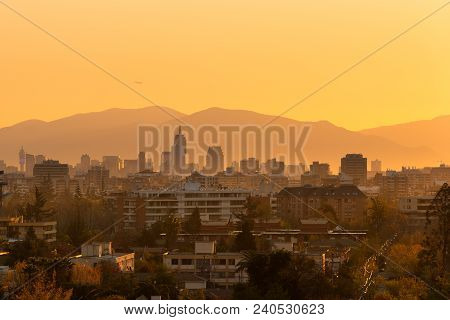 Districts Of Las Condes, Providencia And Santiago Centro At Sunset, Santiago De Chile, South America