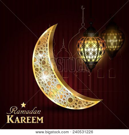 Ramadan Greetings Gold Moon On A Dark Background With Maroccan Lantern