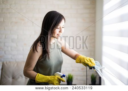 Lovely Woman Cleaning Window Blinds With Cloth And Liquid Spray During Day Time