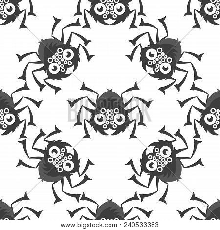 Spiders On Webs Seamless Pattern On White Background Repeats Seamlessly.