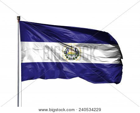 National Flag Of El Salvador On A Flagpole, Isolated On White Background.