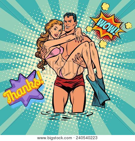 Beach Lifeguard Saved A Drowning Woman. Pop Art Retro Vector Illustration Cartoon Comics Kitsch Draw