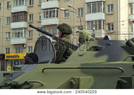 Perm, Russia - May 09, 2018: Btr-82 Armored Personnel Carrier With A Crew On A City Street After The