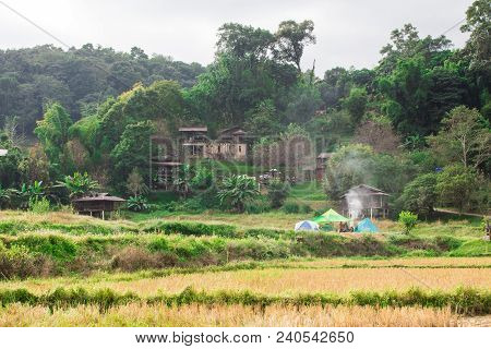 Hill Tribe Village And Smoke Rising From The Cooking. Beautiful Nature