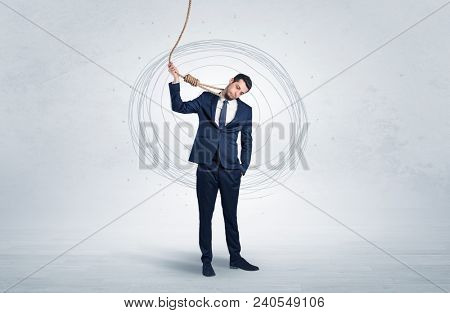 Burnout young elegant businessman trying to suicide with doodle concept