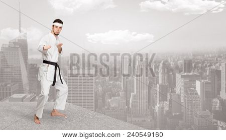 Young karate trainer doing karate tricks on the top of a metropolitan city