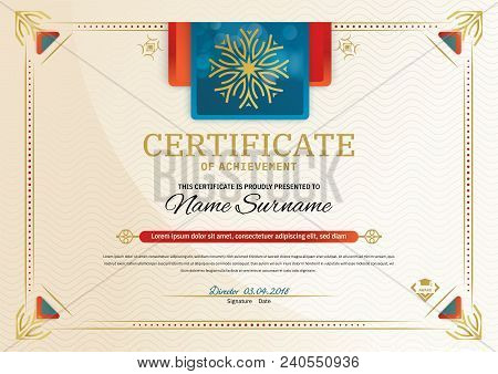 Official Certificate With Red Turquoise Square Design Elements. Classical Style. Vintage Modern Blan