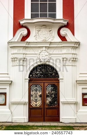 The Entrance Door Of The Church Poutni Kostel Panny Marie Sedmibolestne On A Cvilin Hill In Krnov, C