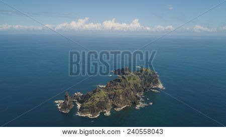 Small Rocky Islands In The Sea, Blue Sky And Clouds. Dos Hermanas, Palau, Santa Ana. Aerial View Of 