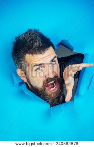 Screaming Man Looking Through Hole In Paper Wall. Bearded Man Shouting Loudly Through Hole In Blue P