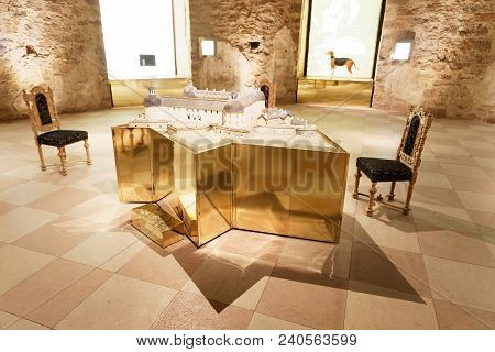 Borgholm, Sweden - Apr 28 2018: Model Of The Borgholm Castle Before It Was Destroyed In A Fire. Borg