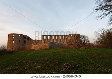 Borgholm, Sweden - Apr 28 2018: Ruin Of The Borgholm Castle In Evening Light, Built Around Year 1100