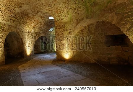 Borgholm, Sweden - Apr 28 2018: Interior Of The  Ruin Of The Borgholm Castle, Built Around Year 1100