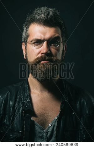 Portrait Man. Beauty And People Concept - Portrait Of Serious Man With Beard And Moustache In Fashio