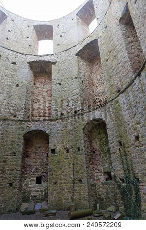Borgholm, Sweden - Apr 28 2018: High Stone Walls Of The Ruin Of The Borgholm Castle, Built Around Ye