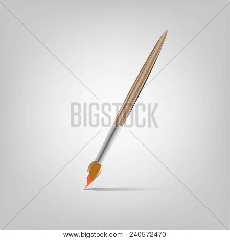 Paint Brush For Drawing With Orange Paint Realistic Isolated On Gray Background. Vector Illustration