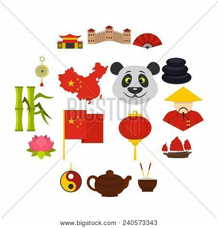 China Travel Symbols Icons Set In Flat Style Isolated Vector Illustration