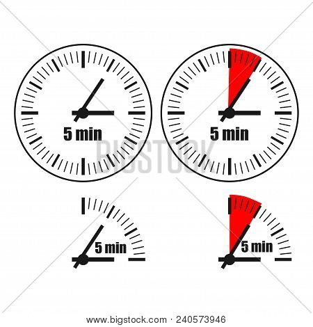 Five Minutes Clock On White Background. Four Options.
