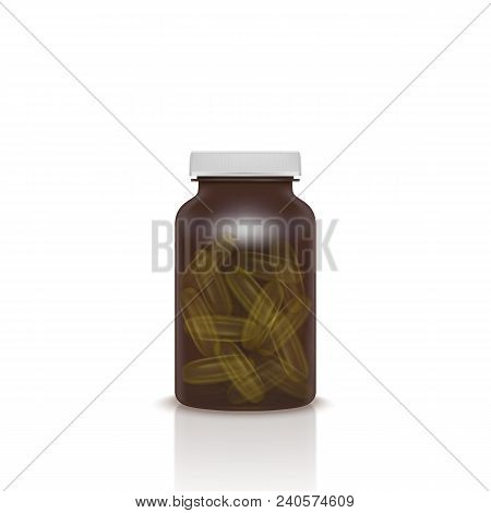 Cosmetic Capsule Of Omega 3 Oil Or Vitamin E, A. Golden Antibiotic Gel Pill Icon Template. Vector Re