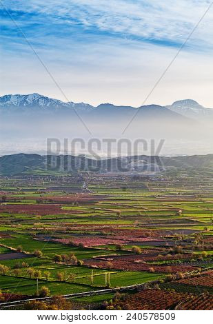 Aerial View Of Beutiful Sunset Over Green And Red Agricultiral Fields Near Pamukkale In Turkey