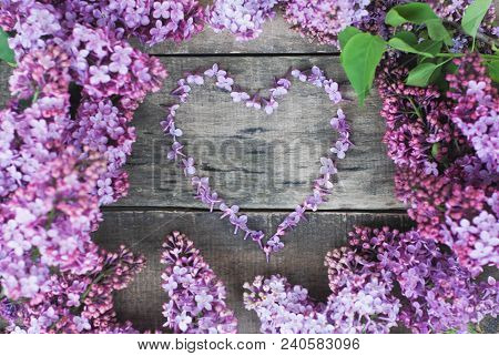 Spring Flowers. Lilac Flowers Frame Heart Shape Textured Rustic Gray Wooden Background.