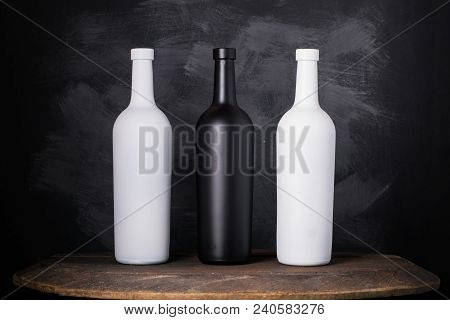 Wine Bottle Mock-up. Red Wine Bottle On Wooden Background