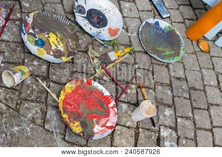 Acrylic Colours On Plate With Paining Brushes For Art Work. Colours Colored Colorful