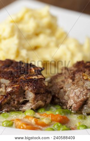 Closeup Of Bavarian Homemade Meatballs With Mashed Potato