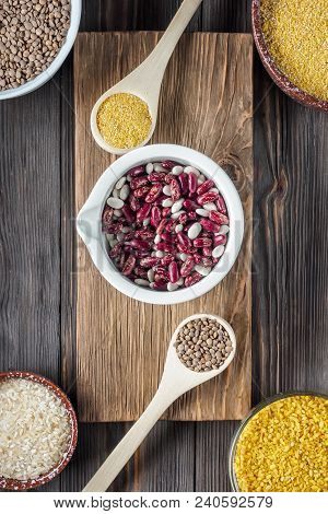 Set Traditional Organic Vegan Ingredient Super Food In Middle East And Asian Cooking Cereals Red Len