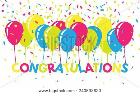 Congratulations Colorful With Confetti And Balloons. Flat Greeting Banner. Bright Text For Website, 