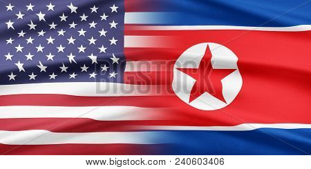 Usa And North Korea. Flags Of The United States Of America And North Korea Are Glued Together. Relat