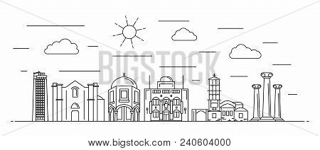 Cyprus Panorama. Cyprus Vector Illustration In Outline Style With Buildings And City Architecture. W